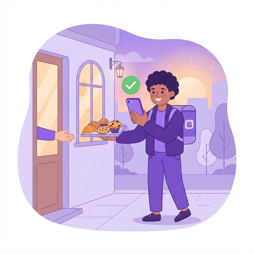 A driver delivering a tray of pastries at dawn and confirming with a photo