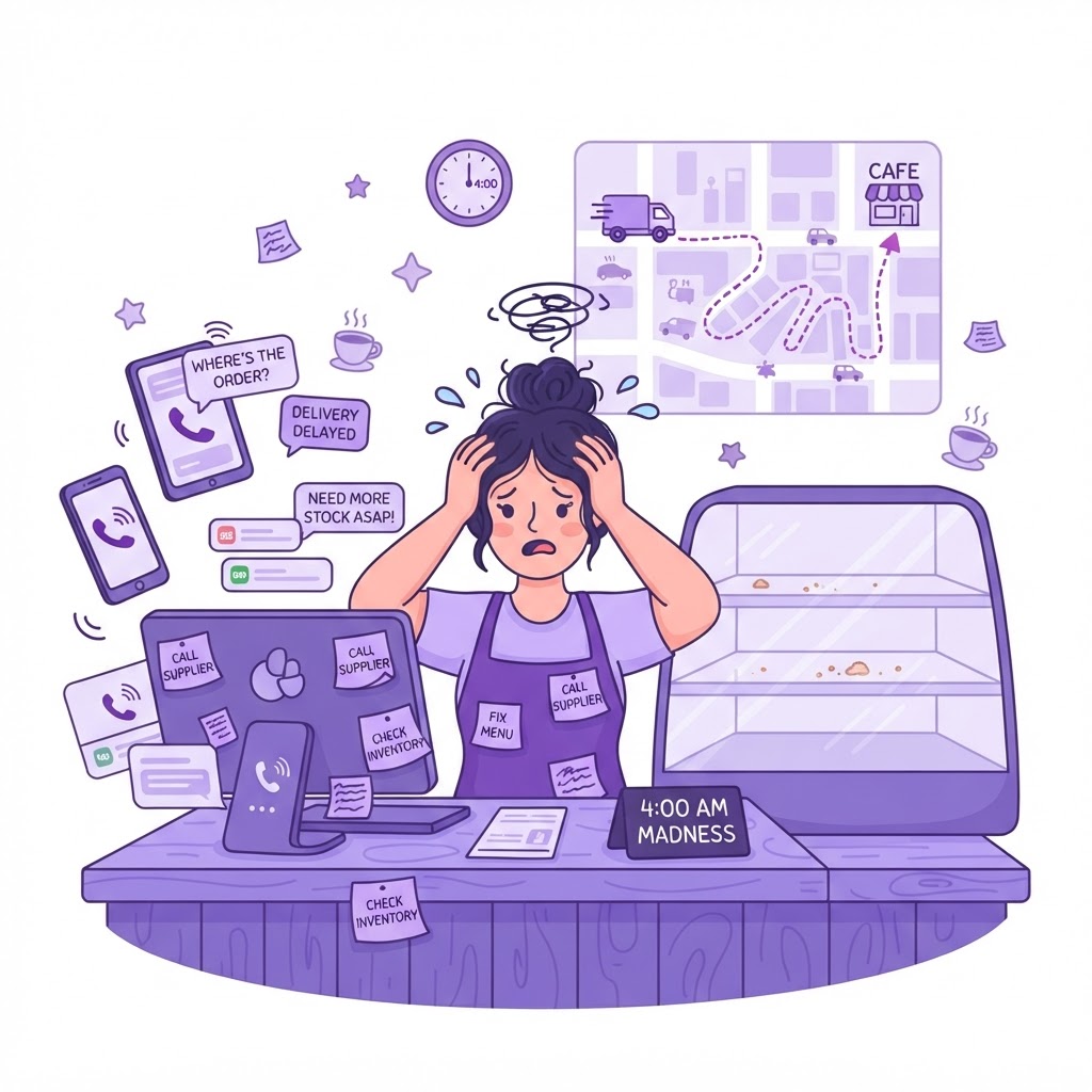 A stressed cafe owner buried in 4am phone calls and texts while the pastry cabinet sits empty and a delivery truck takes an inefficient route