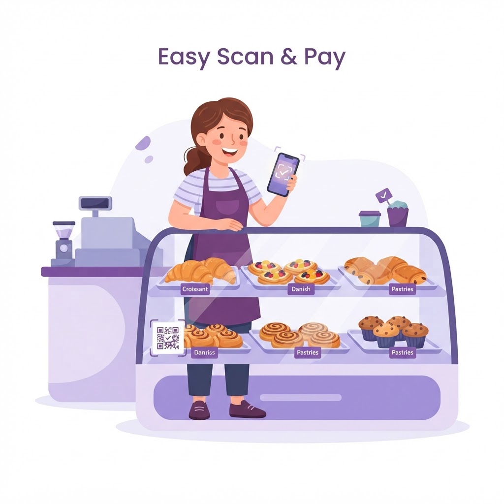 A barista scans the QR code on a cafe pastry cabinet, triggering an optimised dawn pastry tray delivery run