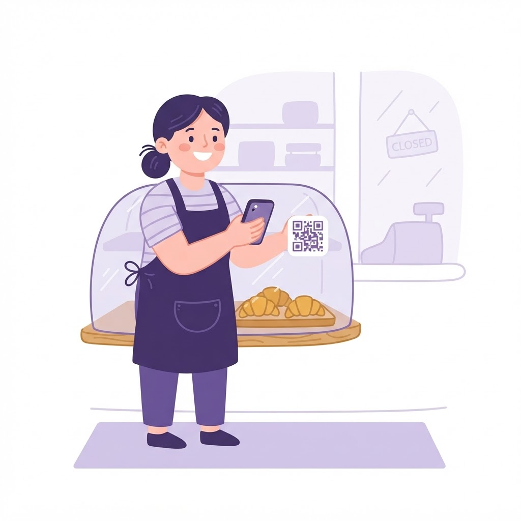 A cafe worker scanning the QR code on the pastry cabinet at closing time