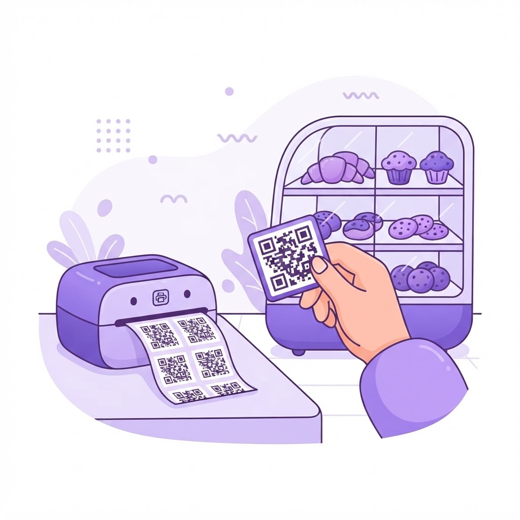 A printer producing unique QR code stickers for each cafe pastry cabinet
