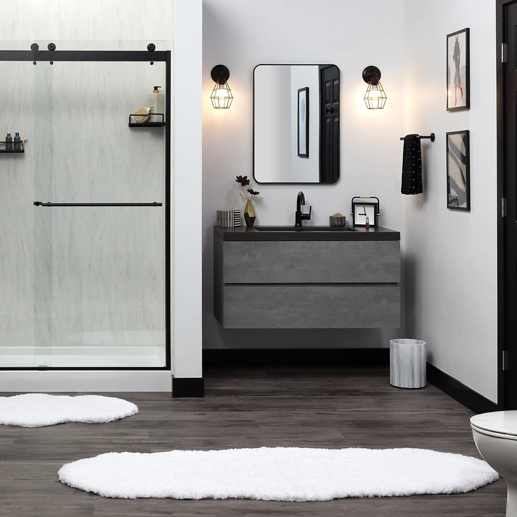 Luxury modern bathroom with walk-in shower and vanity