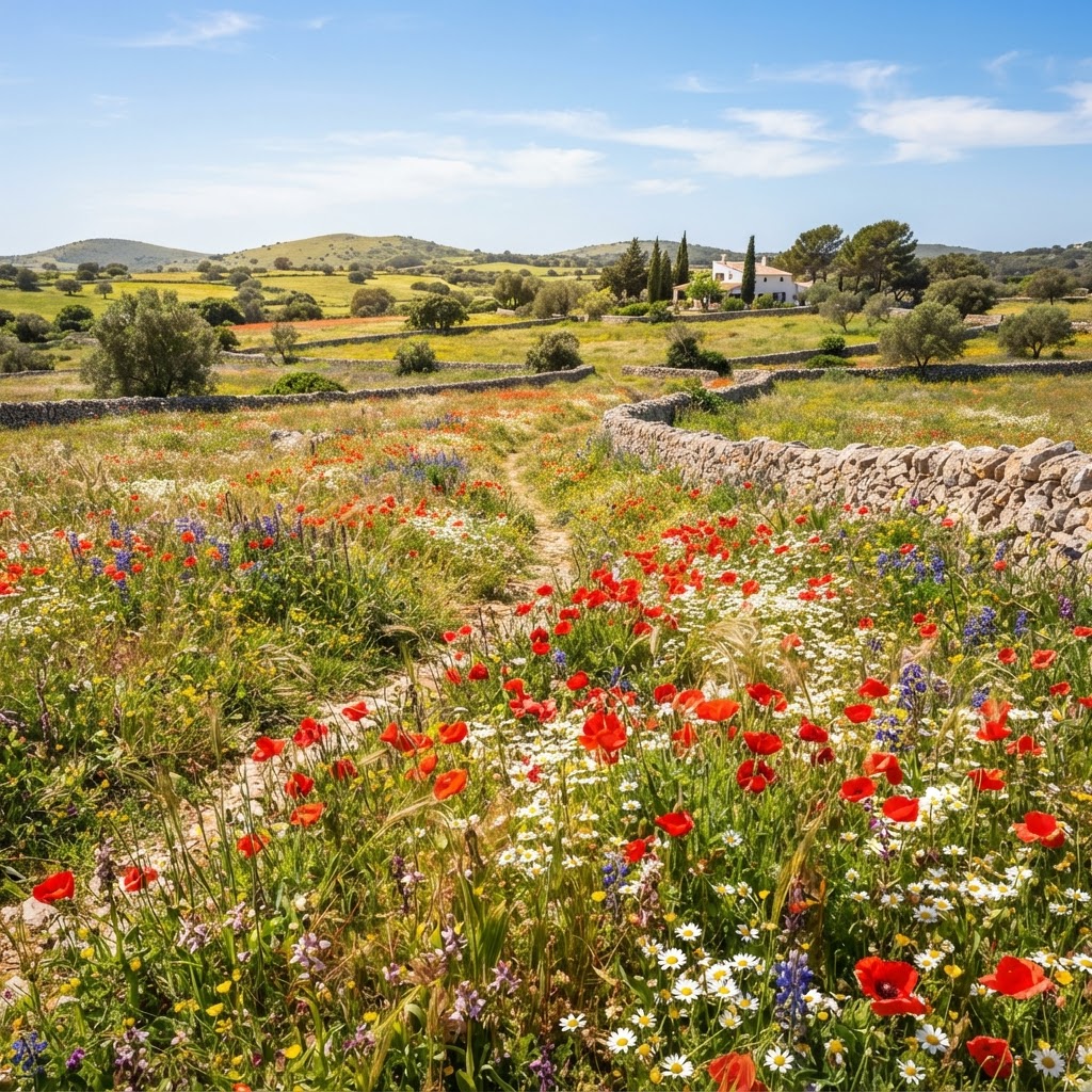 En primavera los campos se llenan de amapolas, margaritas y orquídeas silvestres.