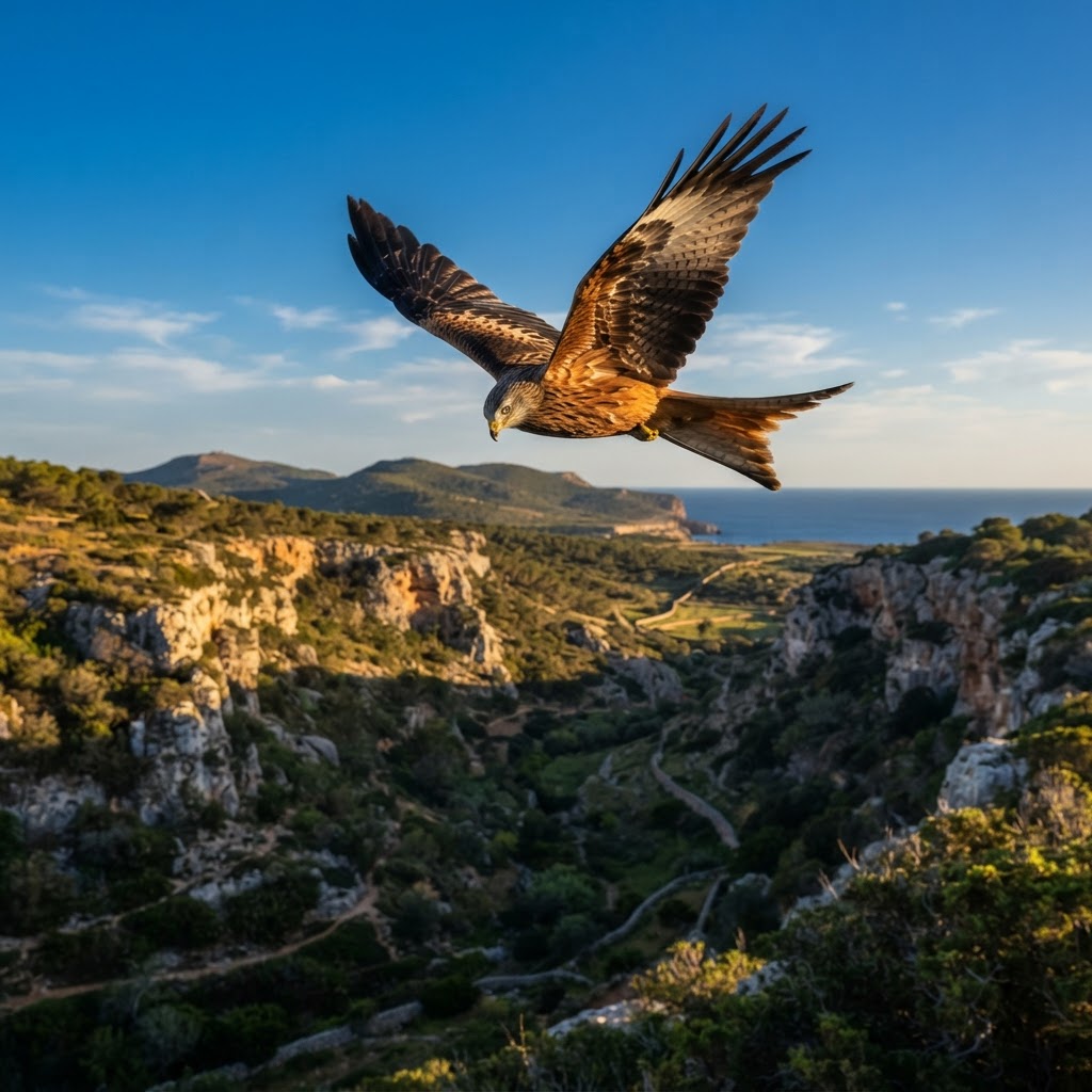 Rapaces como el milano real sobrevuelan barrancos y campos de Menorca.