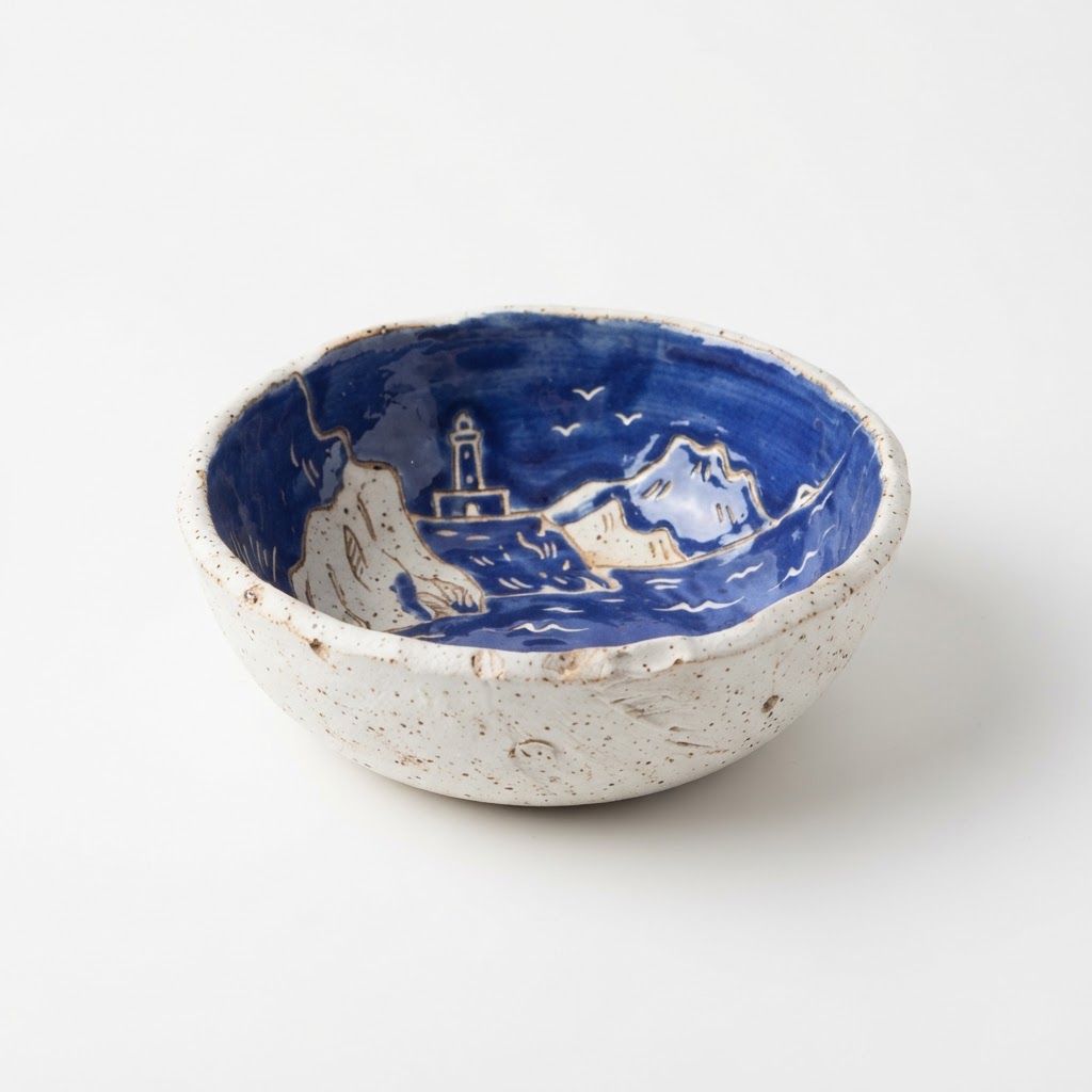 Bowl artesanal 'talaia de tramuntana' - texturas de arcilla blanca y azul cobalto