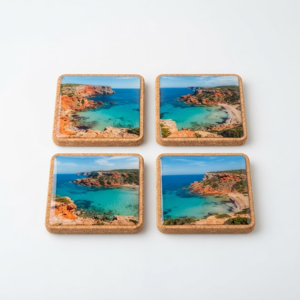 Set de Posavasos 'Rincones de Cala Pregonda' - Corcho Natural y Resina