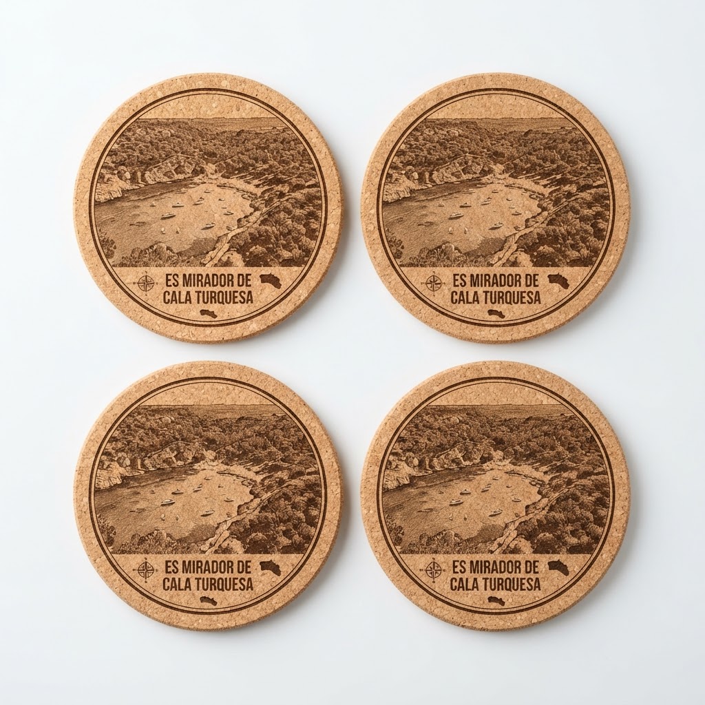 Set de Posavasos 'Es Mirador de Cala Turquesa' - Corcho Natural Grabado