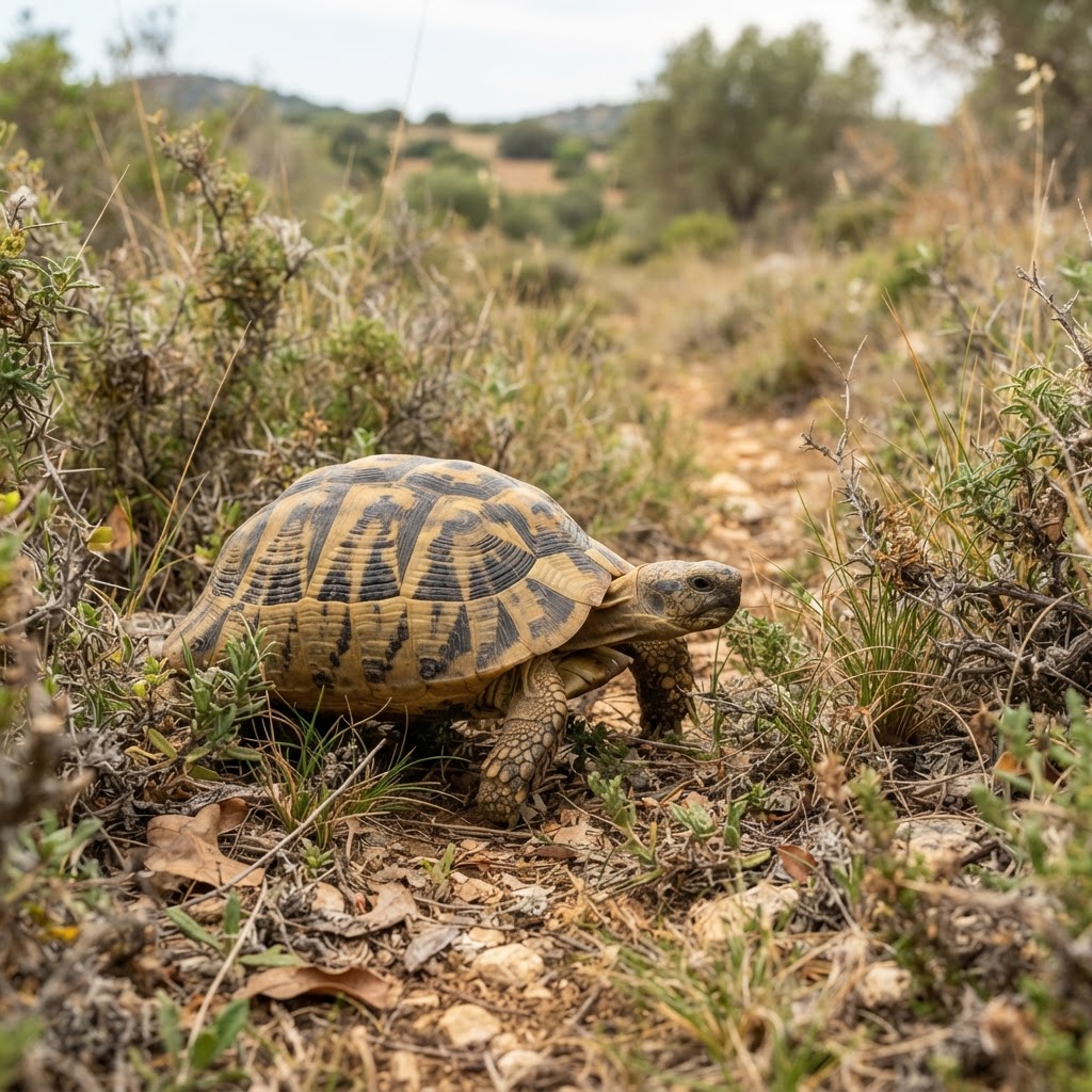 La tortuga mediterránea (Testudo hermanni) vive discretamente entre matorrales y bosques.