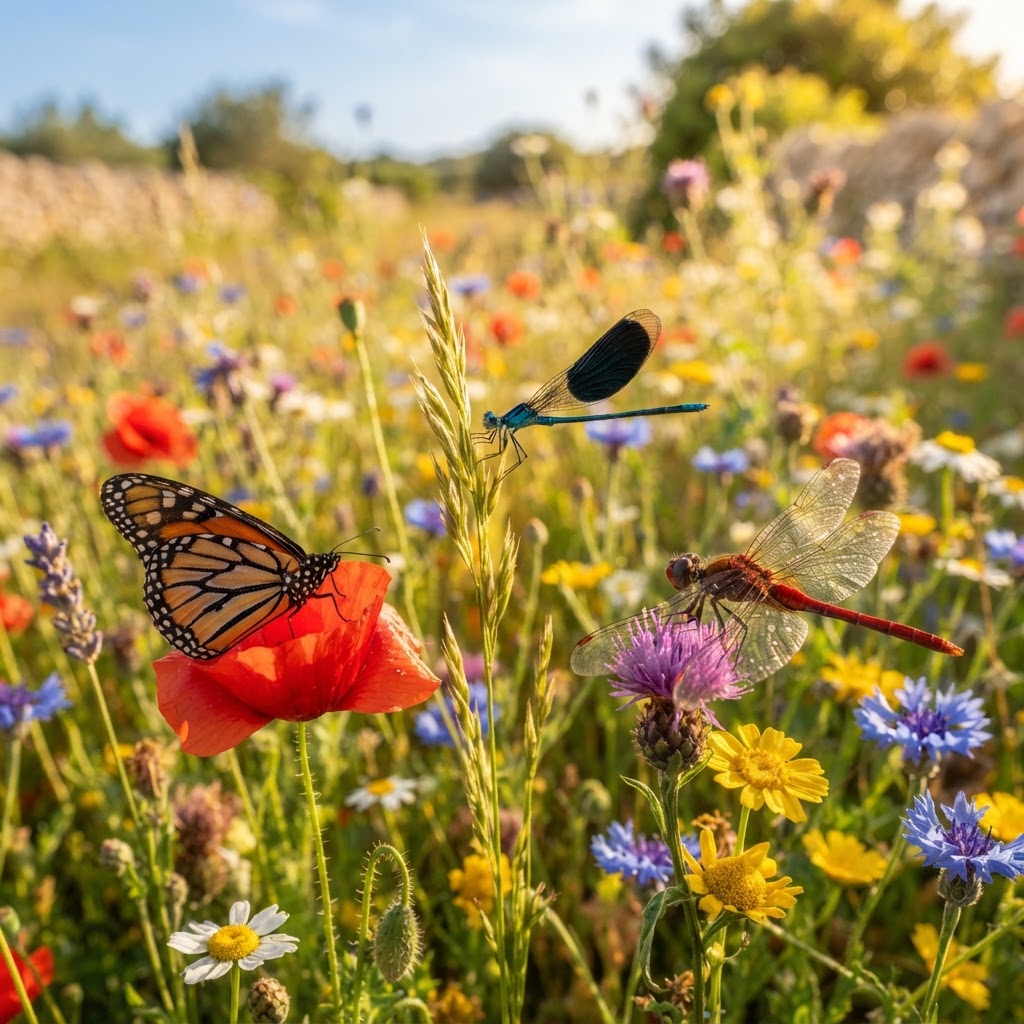 Mariposas, libélulas y abejas: polinizadores esenciales del ecosistema.