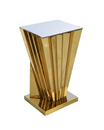 Olivia gold cocktail table rental with glass top from RSVP Event Rentals