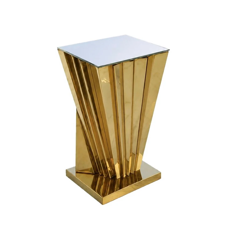 Olivia gold cocktail table rental with glass top from RSVP Event Rentals