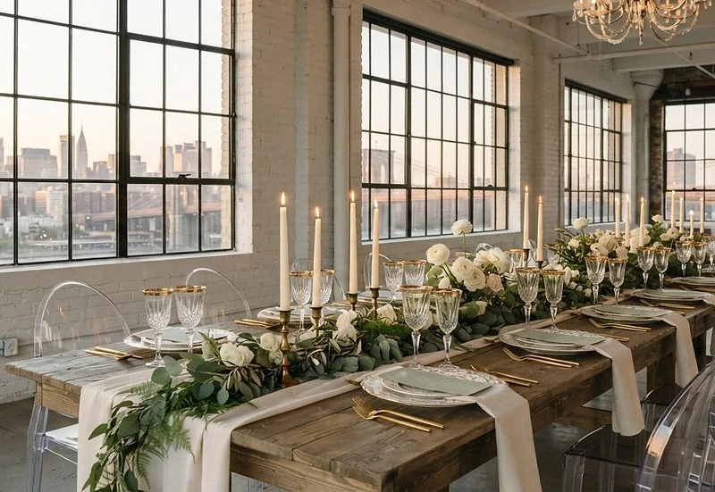 Elegant event table setting in a New York loft at golden hour
