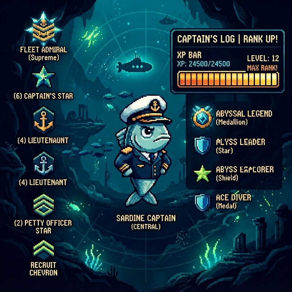 Captain Sardine progressing through naval-style community ranks with badges and XP