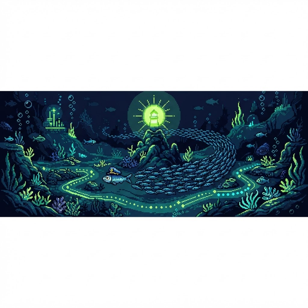 A stylized cartoon underwater ecosystem with Captain Sardine leading schools of sardines toward a central glowing beacon through connected ecosystem routes