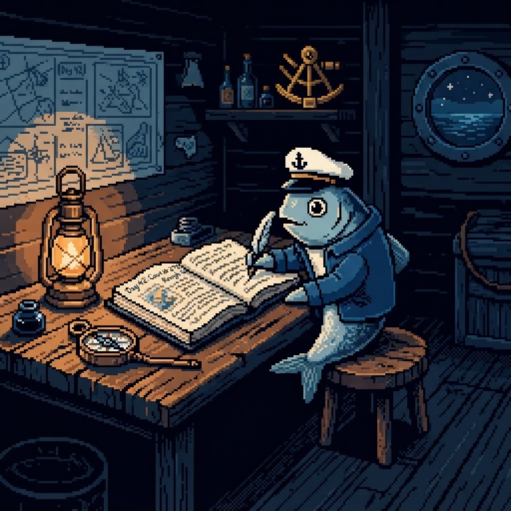 Captain Sardine writing in his logbook at a chart desk with lantern and compass