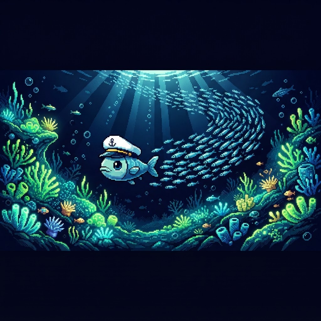 Captain Sardine leading The School toward a glowing underwater ecosystem on Robinhood Chain.