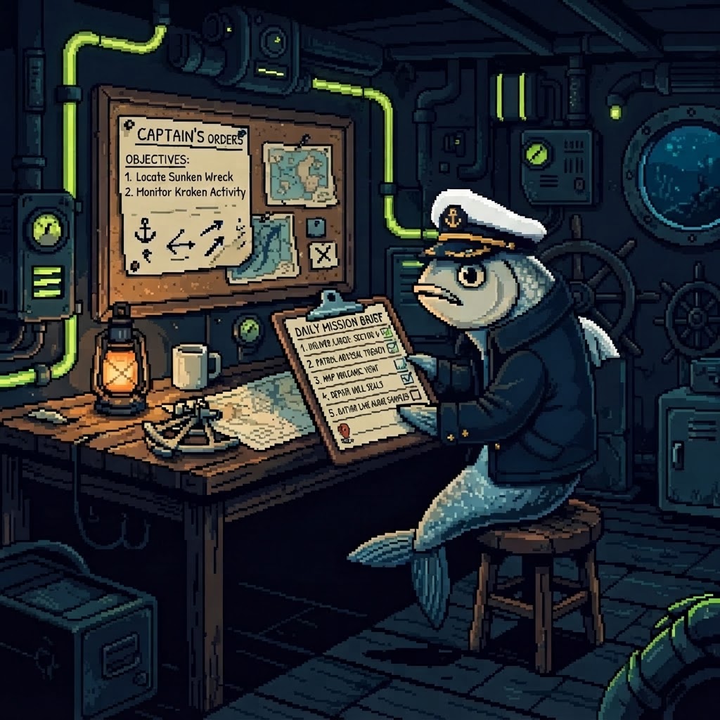 Captain Sardine holding a mission board with Captain's Orders