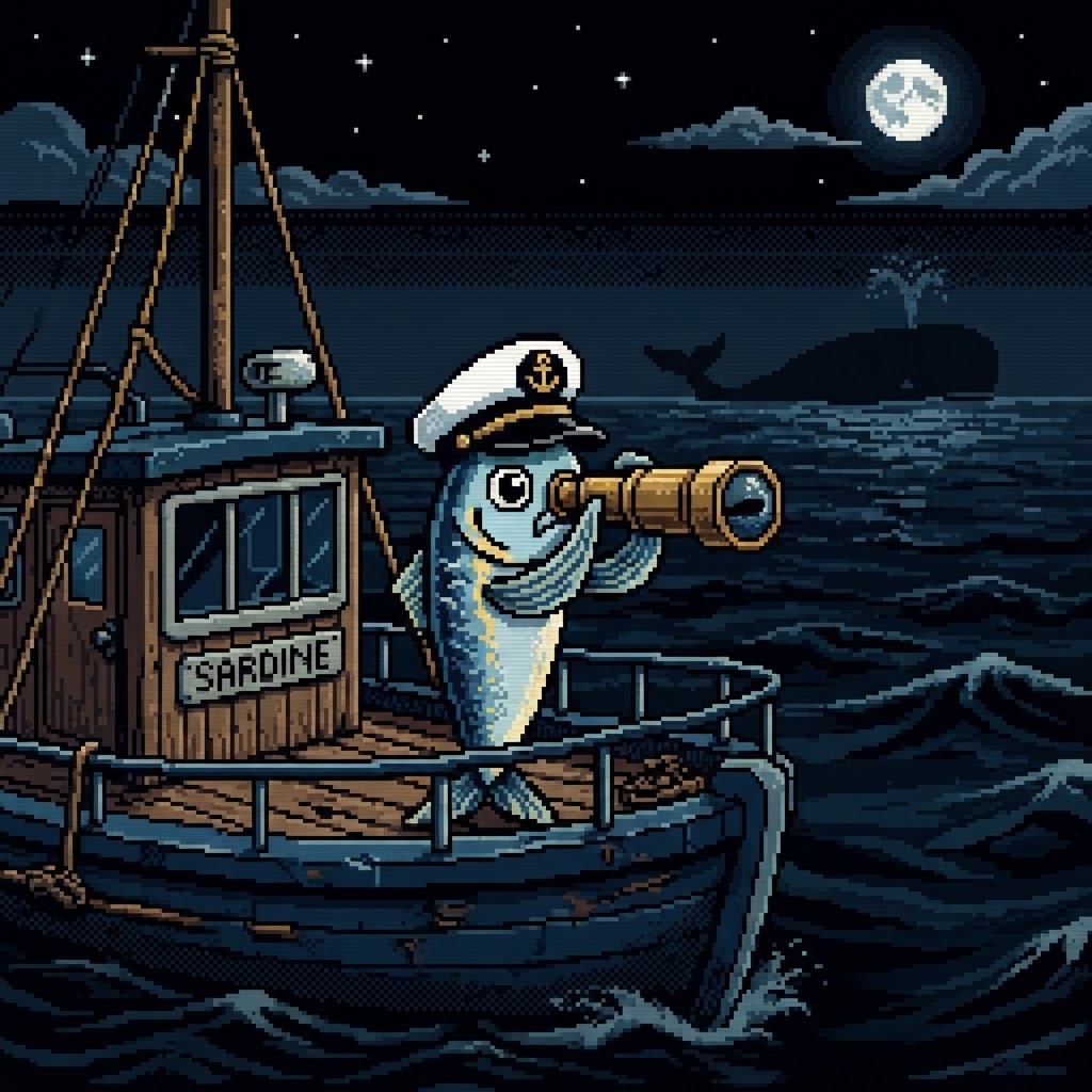 Captain Sardine observing a distant whale through brass binoculars