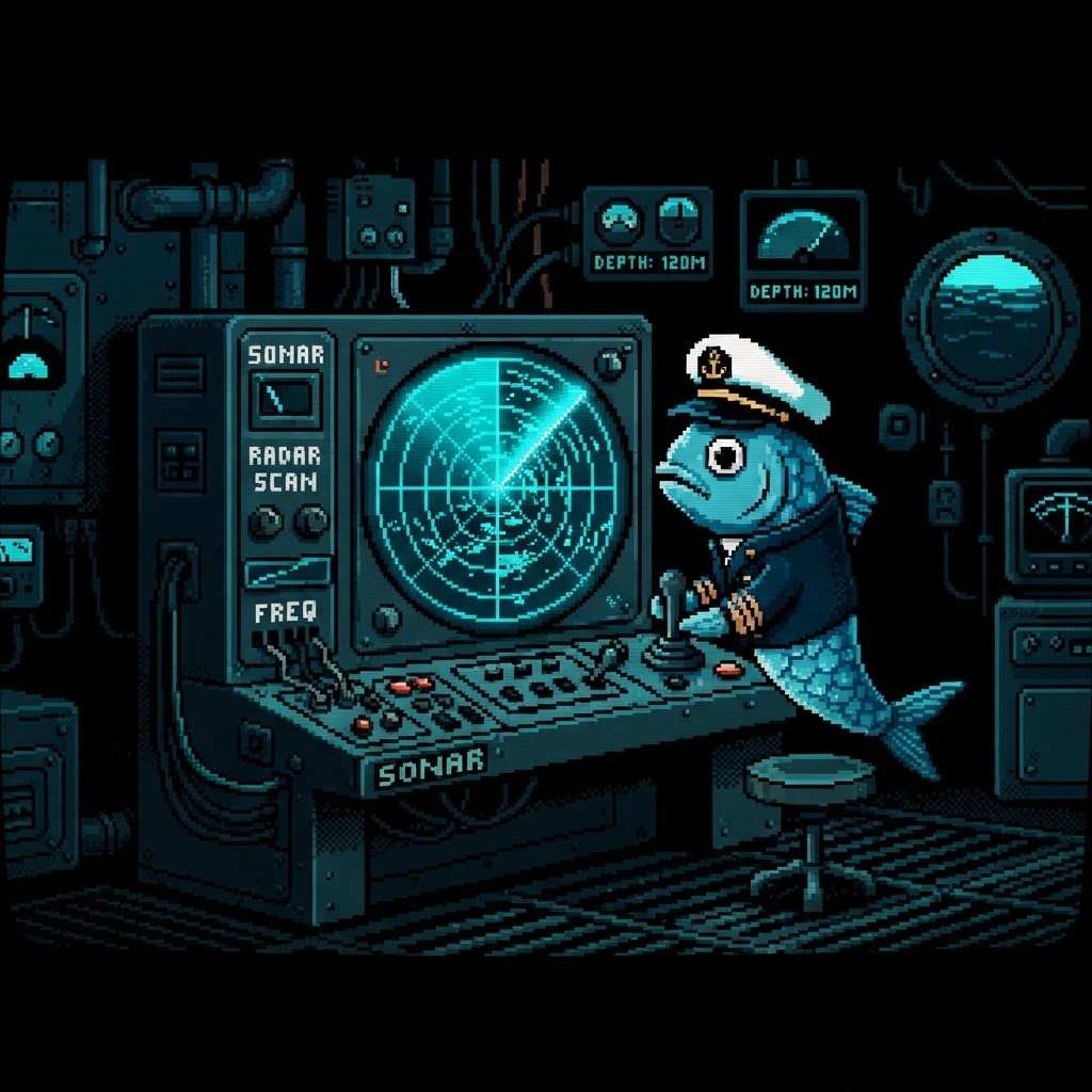 Captain Sardine operating a sonar lookout station detecting risk in nearby waters