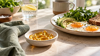 Golden softgel capsules in a ceramic dish beside breakfast with eggs and leafy greens.