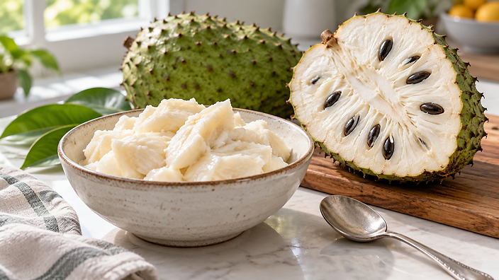 Seed-free soursop pulp in a ceramic bowl beside a cut soursop fruit.