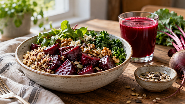 Roasted beetroot with whole grains and leafy vegetables beside a glass of beet juice.