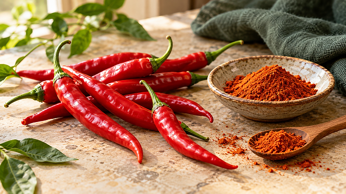 Fresh red cayenne peppers beside ground cayenne in a ceramic bowl and wooden spoon.