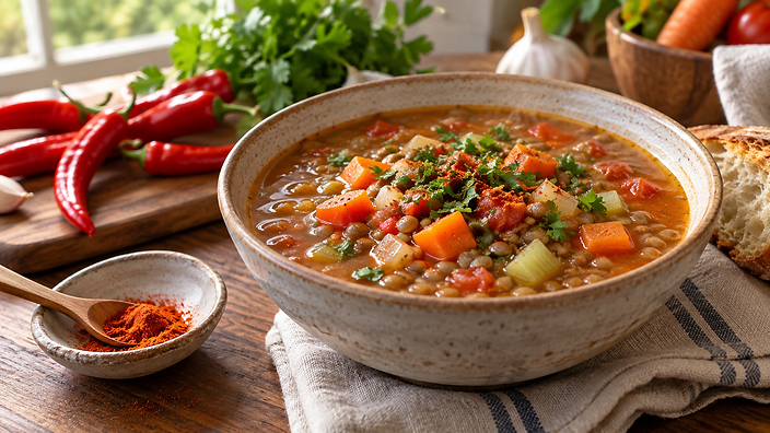 Lentil and vegetable soup with cayenne seasoning and fresh red peppers on a kitchen table.