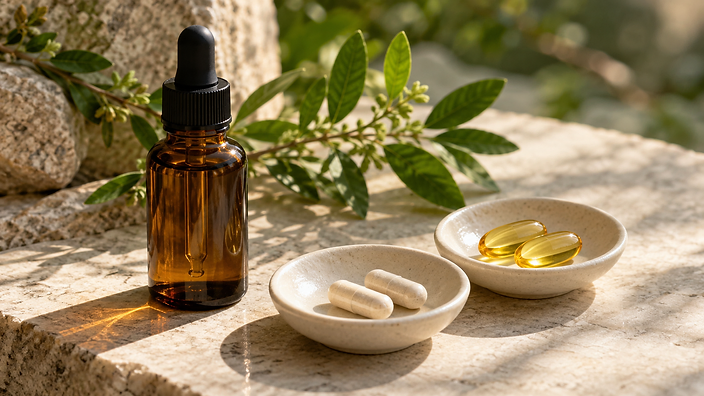 Unbranded dropper bottle capsules and golden softgels on a stone counter