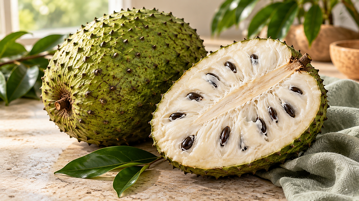 Whole green soursop and a cut fruit showing white fibrous flesh and black seeds.