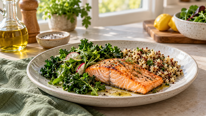 Salmon with leafy green vegetables and grains, served with olive oil dressing.