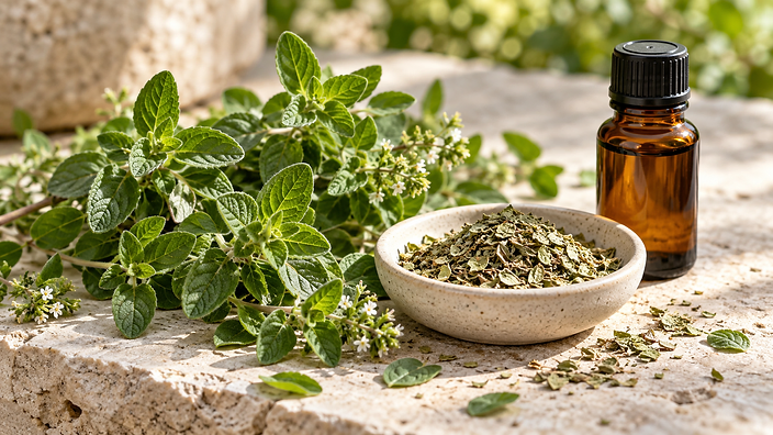 Fresh oregano dried oregano and an unbranded amber bottle on a stone counter