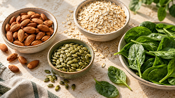Almonds pumpkin seeds oats and spinach in ceramic bowls