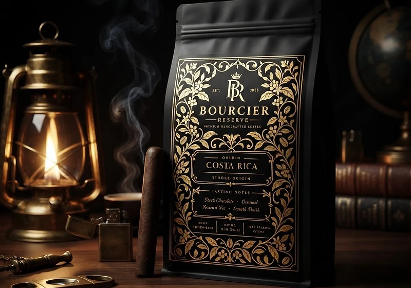 Bourcier Reserve Coffee beside a premium cigar