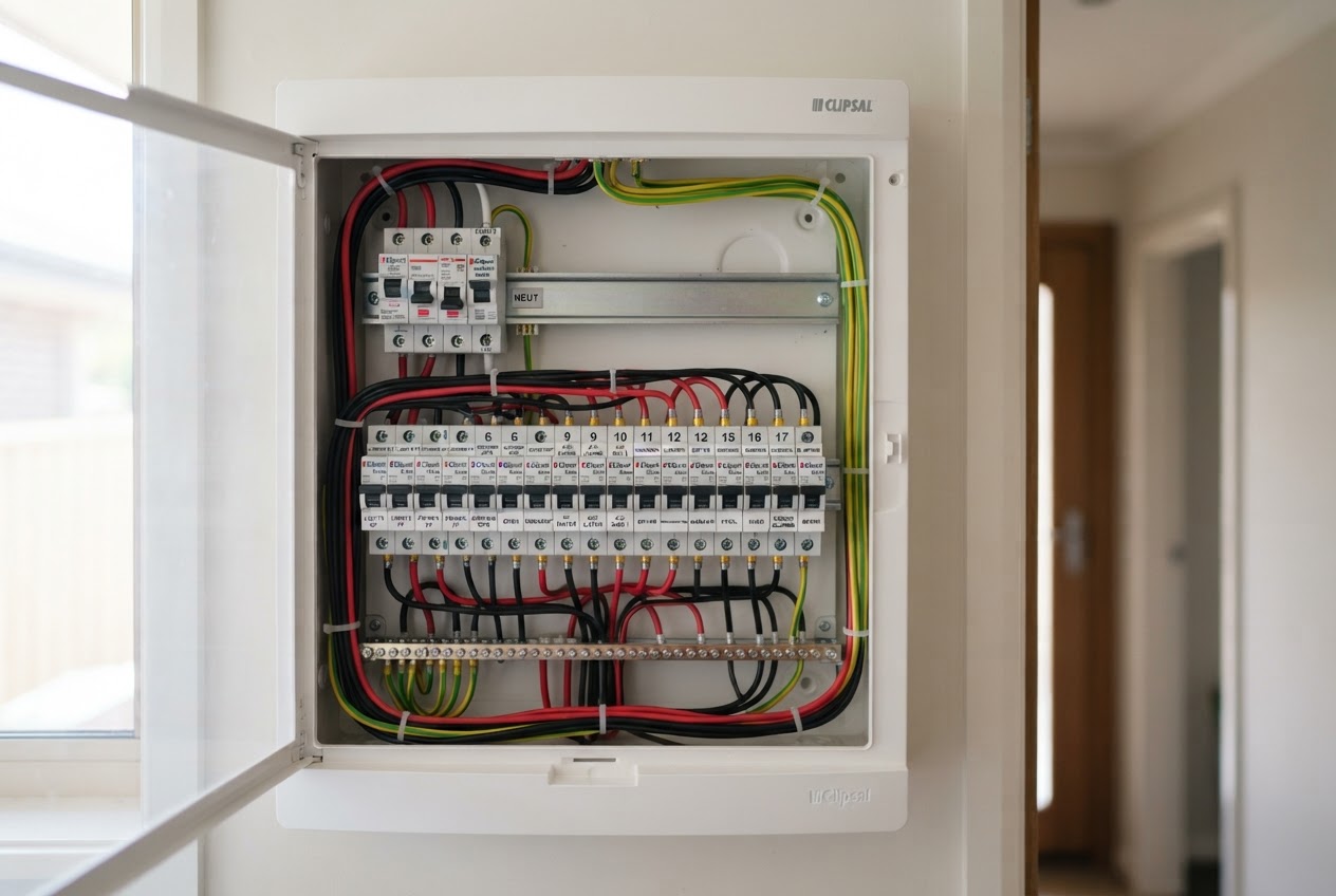 Clean modern Australian residential switchboard with new circuit breakers and neat labelling