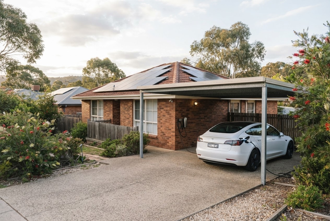 Three-phase 22kW home EV charger mounted on a garage wall at a Ballarat home