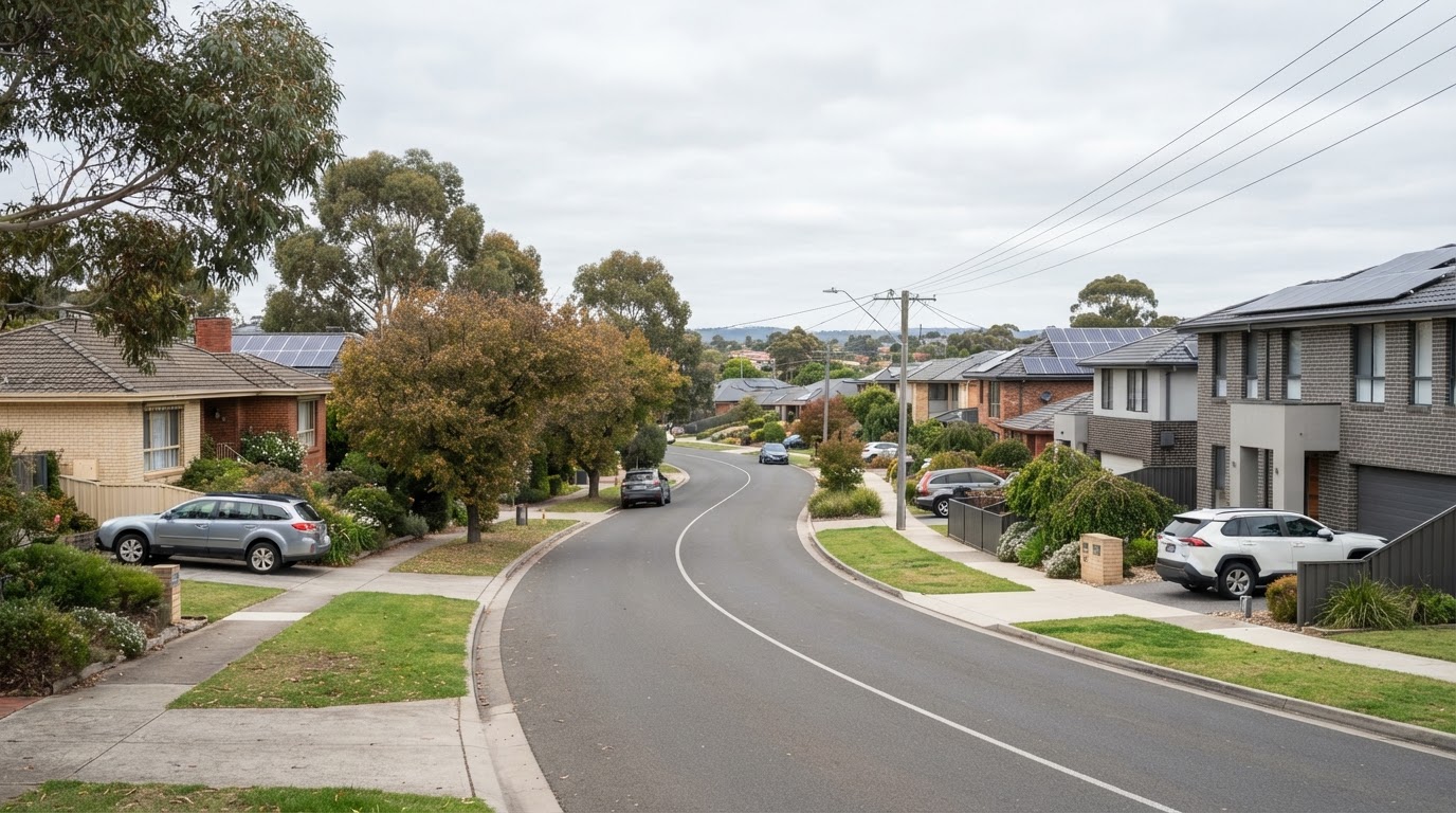 Quiet Ballarat street with a mix of established brick homes and newer houses with rooftop solar panels