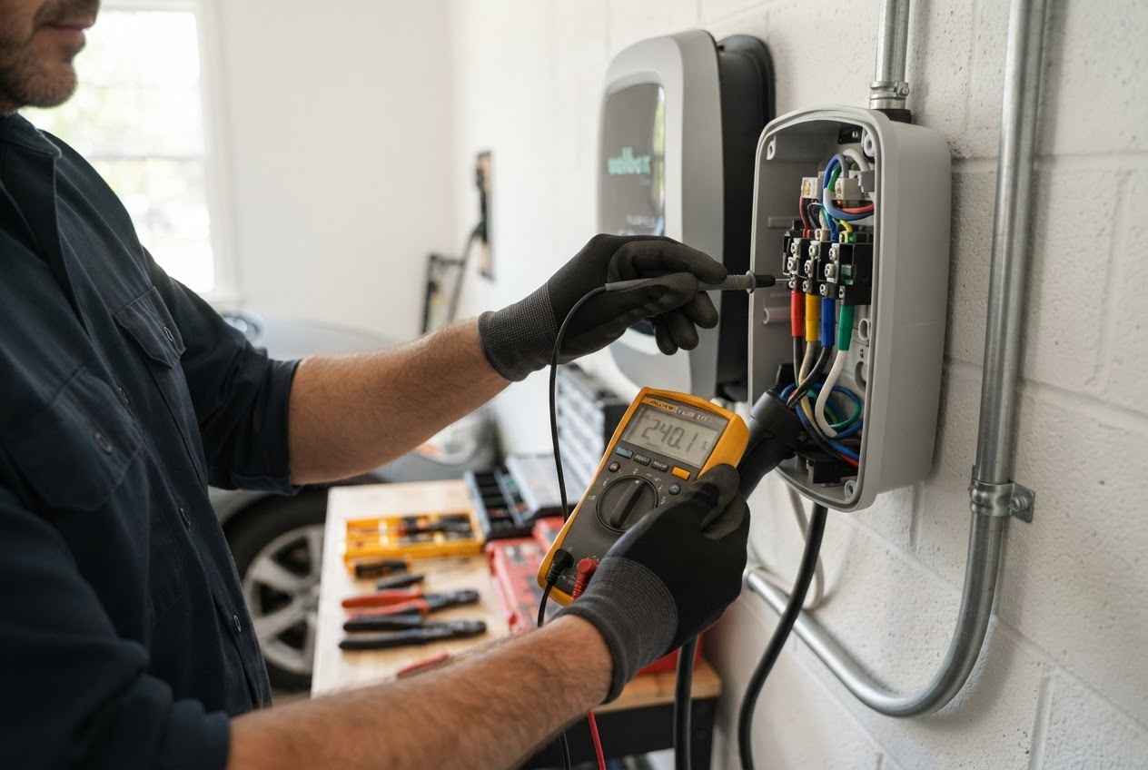 Electrician using a testing meter on a wall-mounted home EV charger in a residential garage