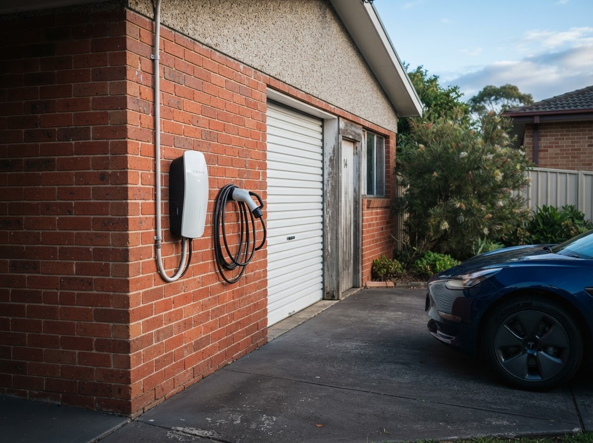 White wall-mounted home EV charger installed on the red-brick garage wall of a Ballarat home with an electric car in the driveway