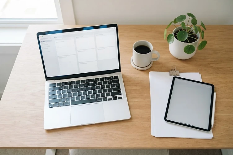 Espace de travail calme et organisé — un ordinateur portable, une tasse de café et une tablette sur un bureau clair