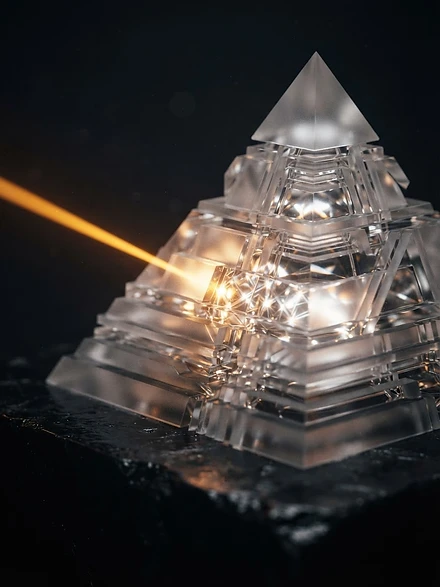 Glass maturity pyramid struck by a beam of amber light