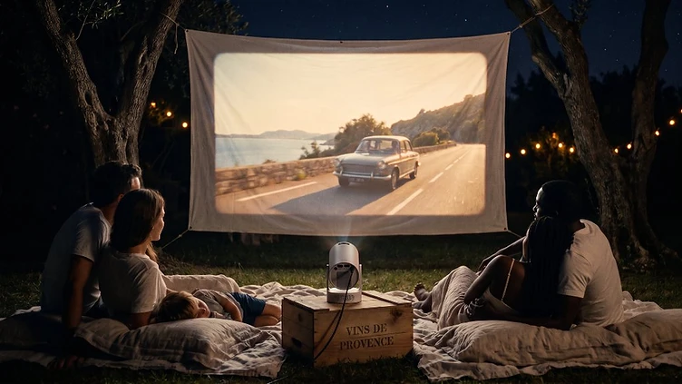 Séance de cinéma en plein air projetée sur un drap tendu entre deux arbres