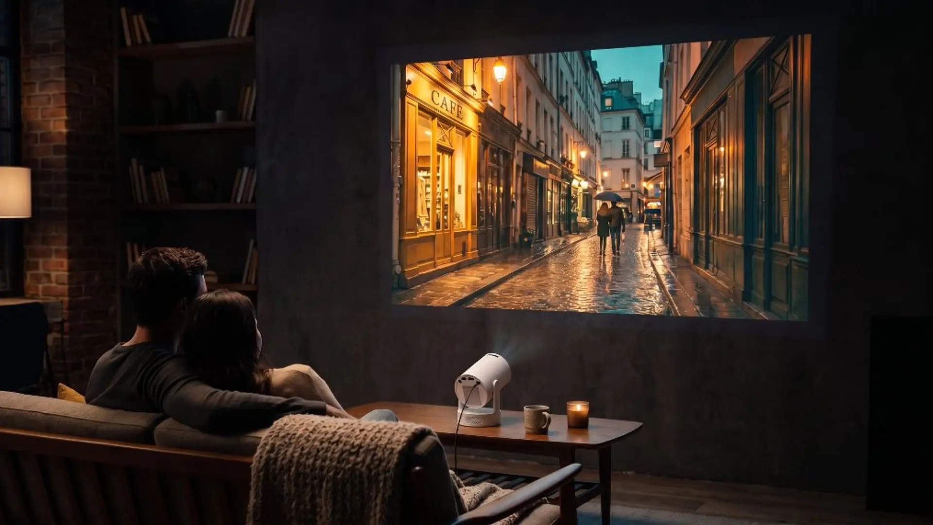 Un couple regarde un film projeté sur le mur de son salon