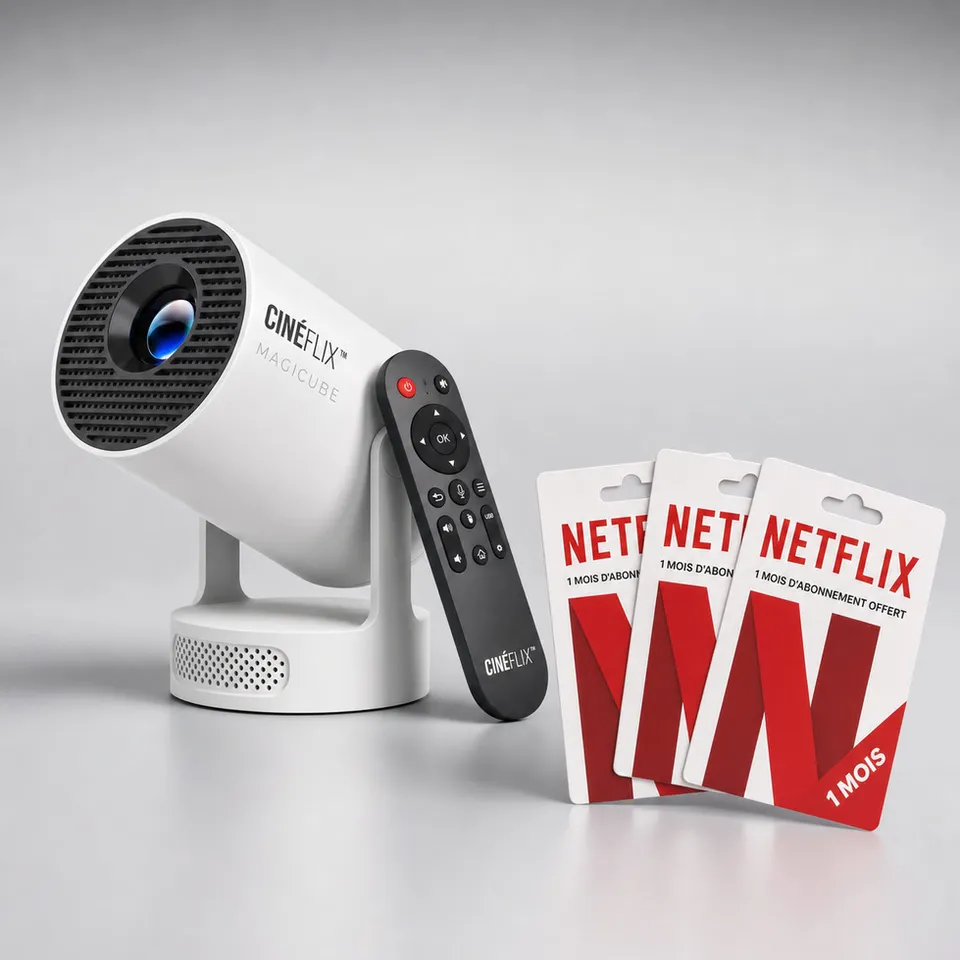 Le vidéoprojecteur CINÉFLIX Magicube, sa télécommande et 3 cartes Netflix