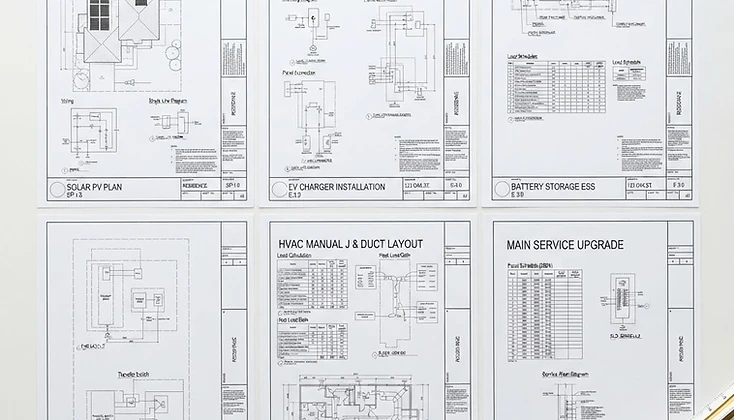 Grid of permit plan sheets covering solar, EV charger, battery storage, generator, HVAC, and main panel upgrade