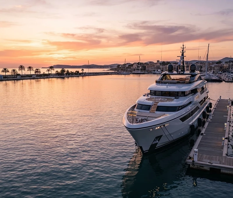 Luxury mega yacht at sunset marina