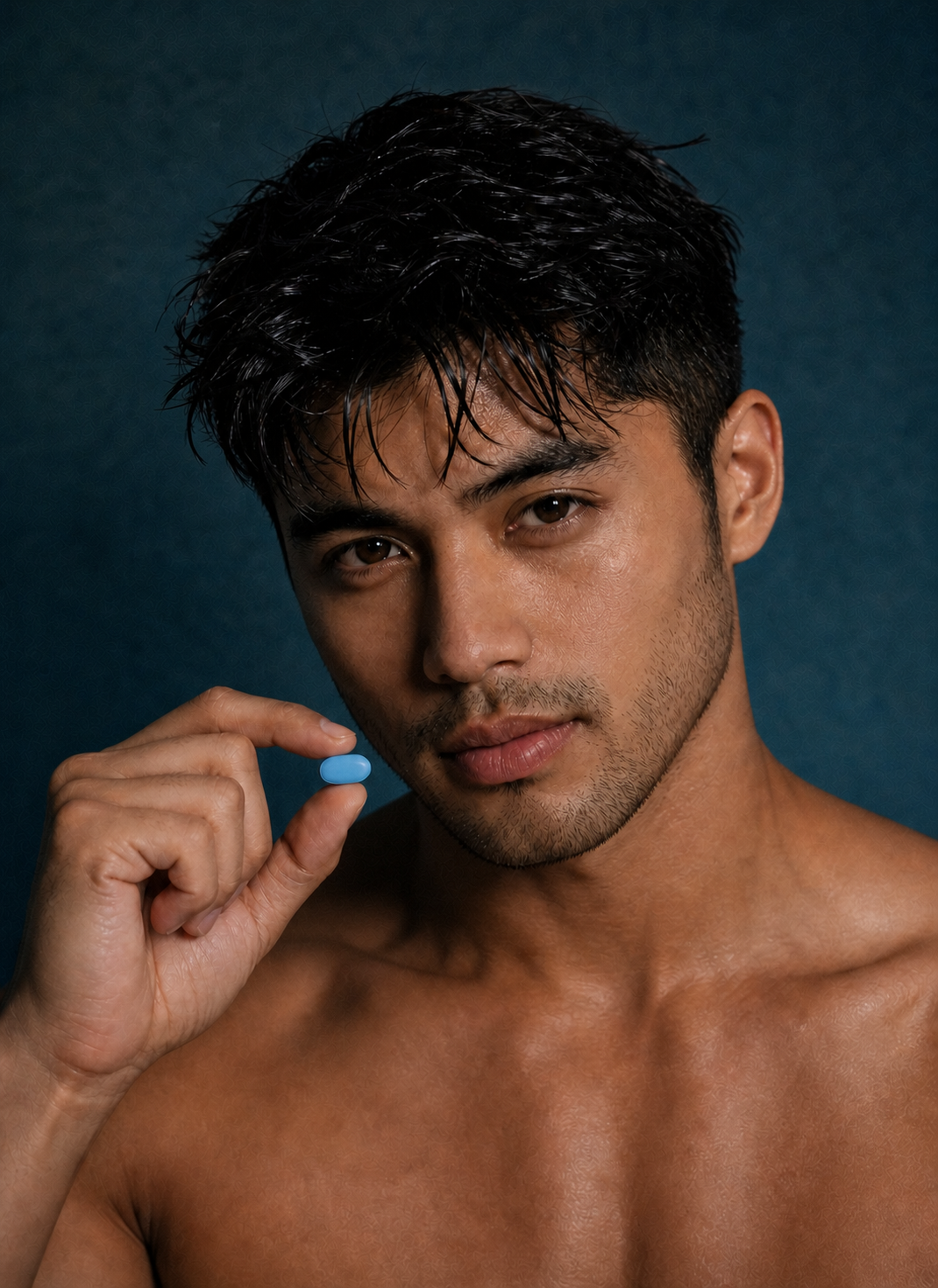 A man holding a single blue PrEP pill