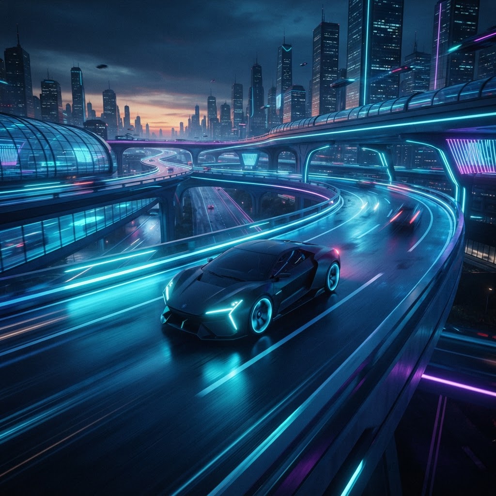 Electric vehicle on futuristic highway