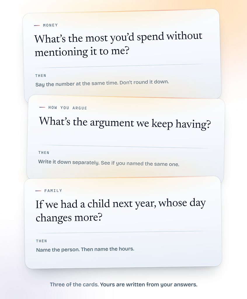Three stacked example question cards for couples: money, how you argue, and family