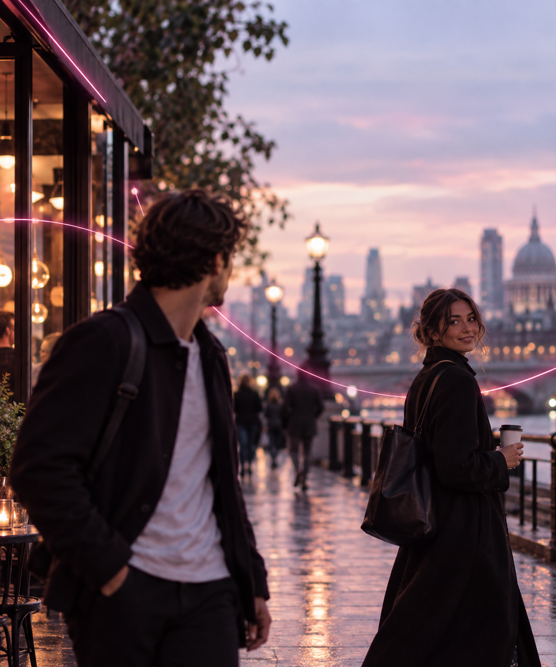 A missed moment on a London waterfront at twilight